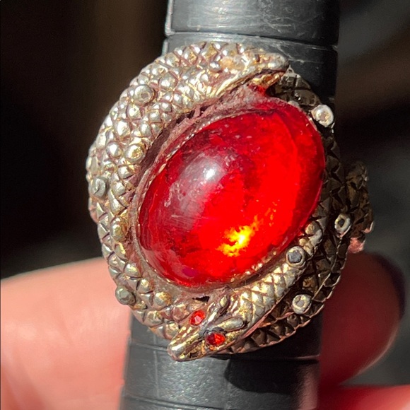 Estate Jewelry - Vintage Coiled Snake Serpent Flashy Red Cabochon Fashion Ring Adjustable